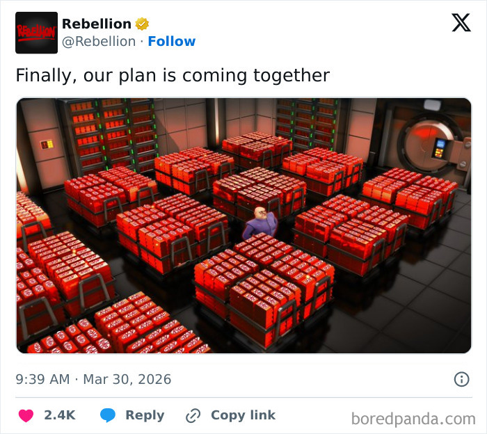 Crates filled with stacks of KitKat bars in a secured room, referencing the 12 tons of KitKat stolen incident.