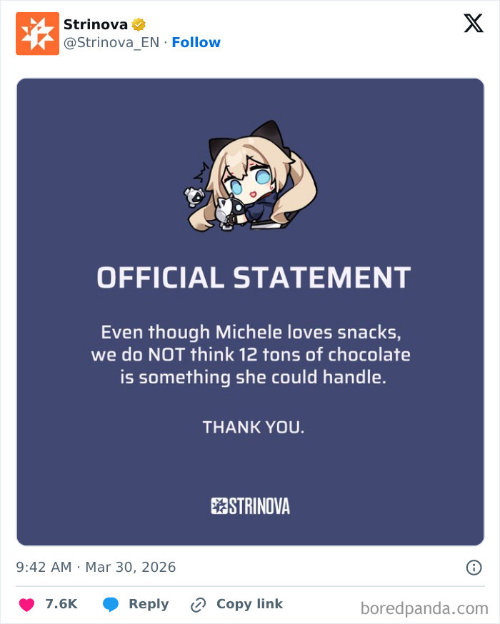 Funny social media response to 12 tons of KitKat stolen with a cartoon character and an official statement.