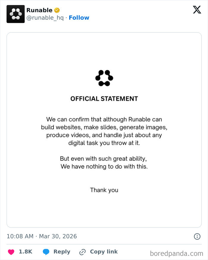 Tweet from Runable with an official statement denying involvement in the 12 tons of KitKat stolen incident.