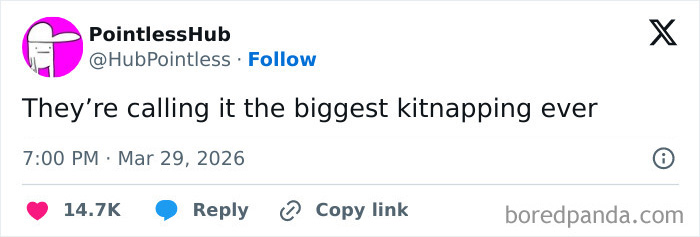 Screenshot of a humorous tweet referring to the 12 tons of KitKat stolen, calling it the biggest kitnapping ever.