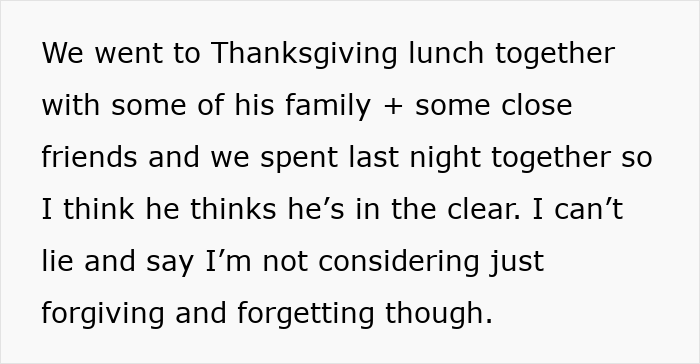 Text excerpt showing a woman's innocent goofy joke hinting that her husband is a horrible cheating jerk.