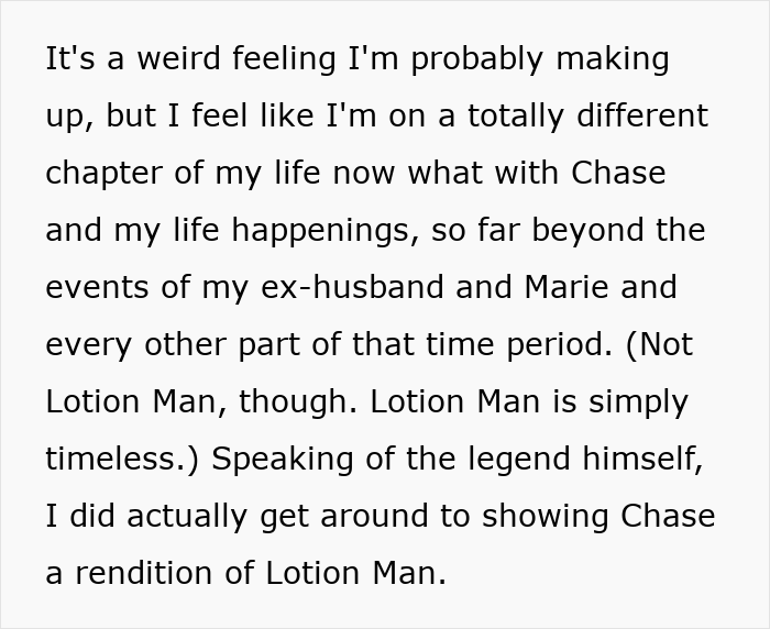 Alt text:
Text excerpt highlighting a woman’s innocent goofy joke hinting that her husband is a horrible, cheating jerk in a life story context