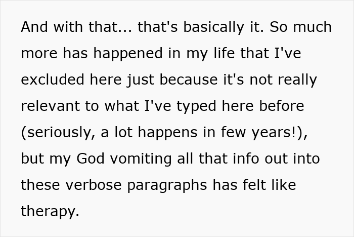 Paragraph of text describing personal experiences, reflecting emotional therapy and revealing relationship struggles with a cheating husband.