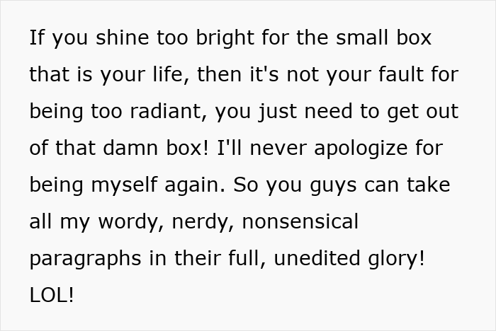 Alt text: Text about being radiant and unapologetically oneself related to a woman's innocent goofy joke about her cheating husband