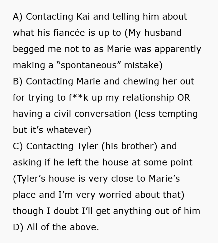 Text listing options for dealing with a cheating husband, showing woman's innocent goofy joke about relationship issues.