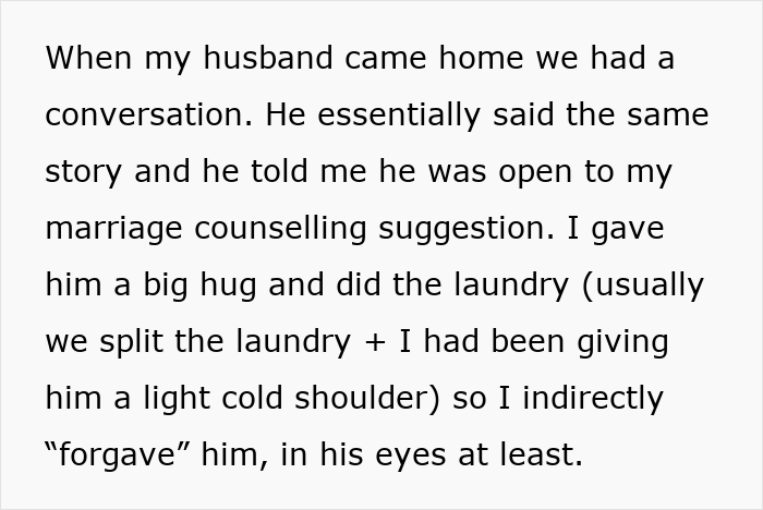 Text excerpt showing a woman’s innocent goofy joke about her husband revealing he is a horrible cheating jerk.