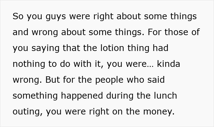 Text about a woman's innocent goofy joke revealing her husband is a horrible cheating jerk during a lunch outing.