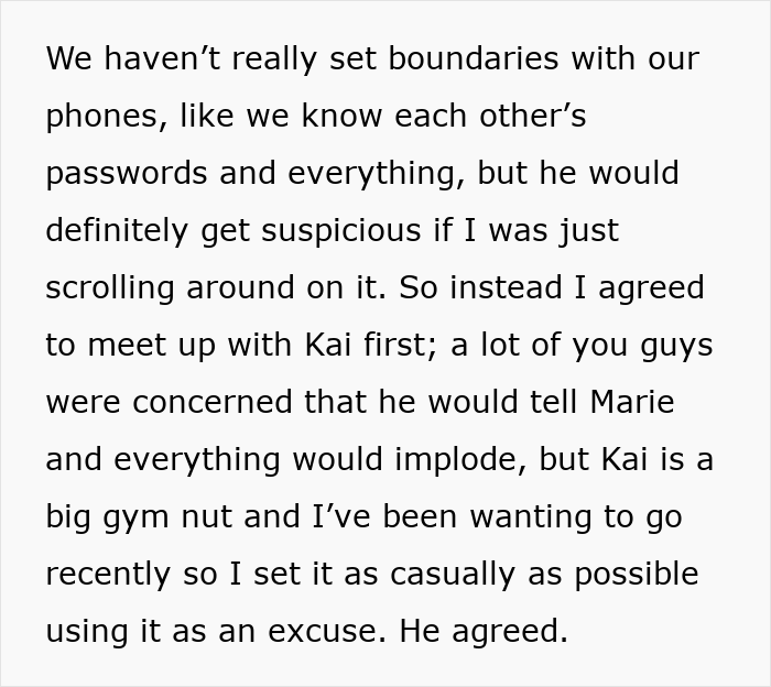 Text excerpt about a woman discussing phone boundaries and suspicion revealing her cheating husband's behavior.