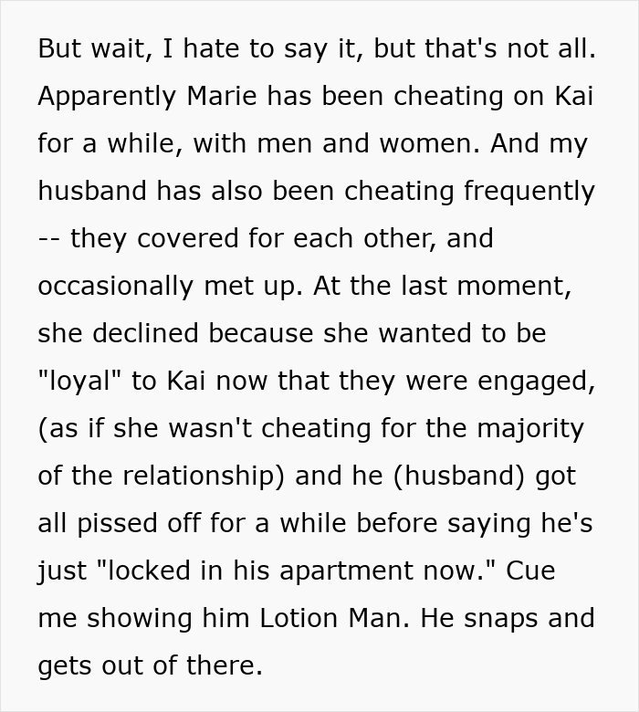 Text excerpt revealing a woman’s innocent goofy joke exposing her husband as a horrible cheating jerk.