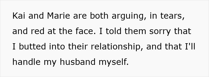 Text excerpt showing a woman’s innocent goofy joke revealing her husband as a horrible, cheating jerk during an argument.