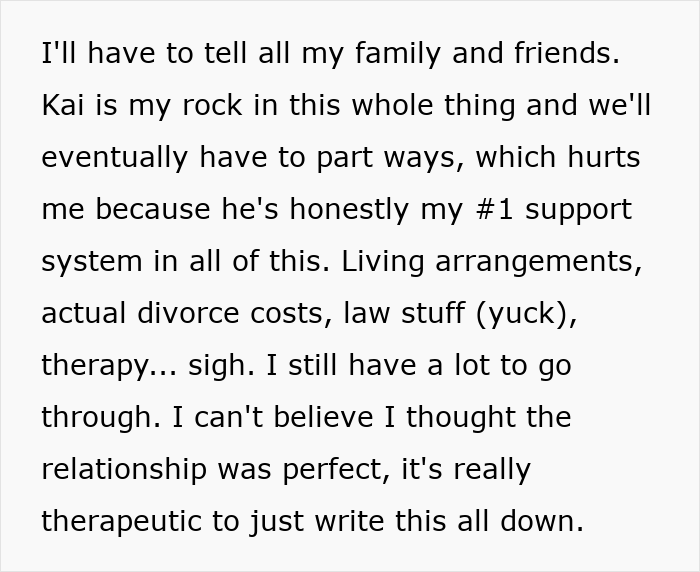 Text excerpt describing a woman's emotional struggle revealing her husband as a horrible, cheating jerk and her journey through divorce.