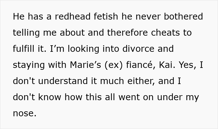 Text excerpt about a cheating husband with a redhead f****h leading to divorce and relationship issues.