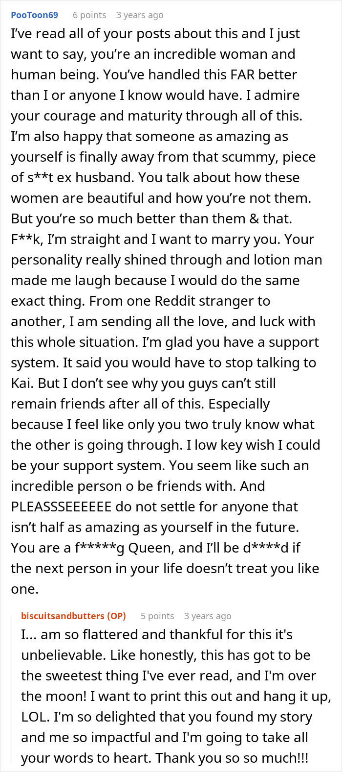 Reddit comments praising a woman's courage and humor after revealing her husband's horrible cheating behavior.