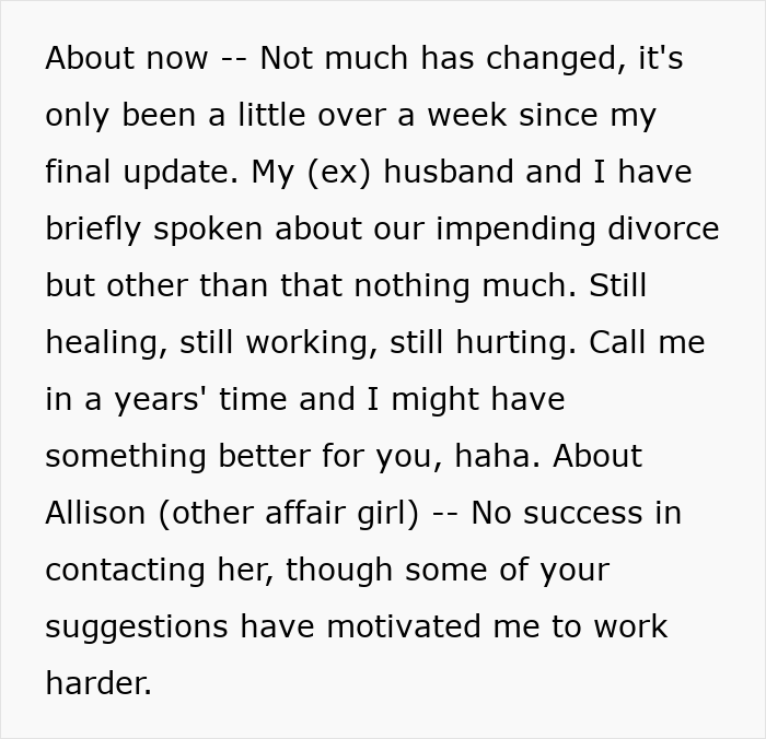 Text excerpt discussing a woman updating about her ex-husband’s cheating and impending divorce situation.