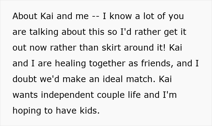 Text excerpt from woman's post explaining healing with Kai as friends, revealing husband as a horrible cheating jerk.