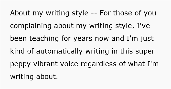 Text about writing style explaining a peppy vibrant voice regardless of the topic in a casual tone.