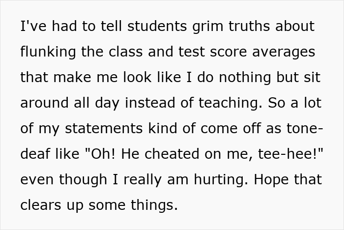 Text post describing a woman's innocent goofy joke revealing her husband is a horrible cheating jerk.