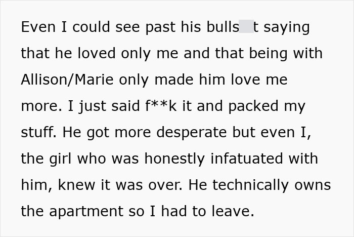 Text excerpt revealing a woman joking about her cheating, horrible husband and the end of their relationship.