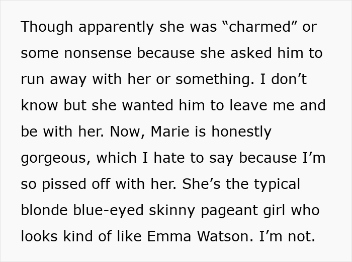 Text excerpt discussing a woman's joke revealing her husband as a horrible cheating jerk, mentioning jealousy and attraction.