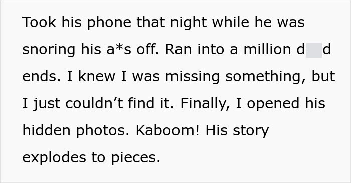 Text revealing a woman’s innocent goofy joke exposing her husband as a horrible cheating jerk through hidden photos.