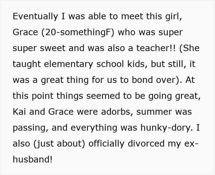 Text excerpt about a woman bonding with a teacher, reflecting on her divorce and challenging husband issues.