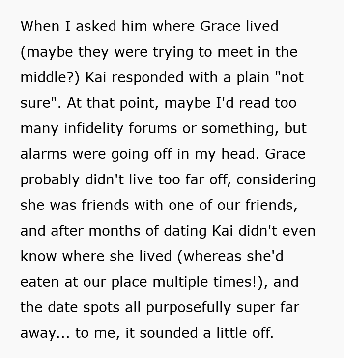 Text discussing a woman’s suspicions about her husband’s cheating after his vague response about a friend’s address.