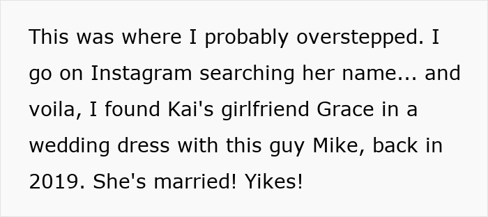 Text excerpt revealing a woman's discovery of her husband's cheating through social media investigation.