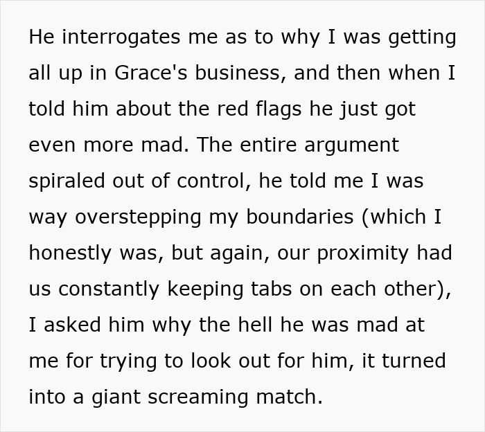 Text excerpt showing a woman's story revealing her husband as a horrible, cheating jerk through relationship conflicts.