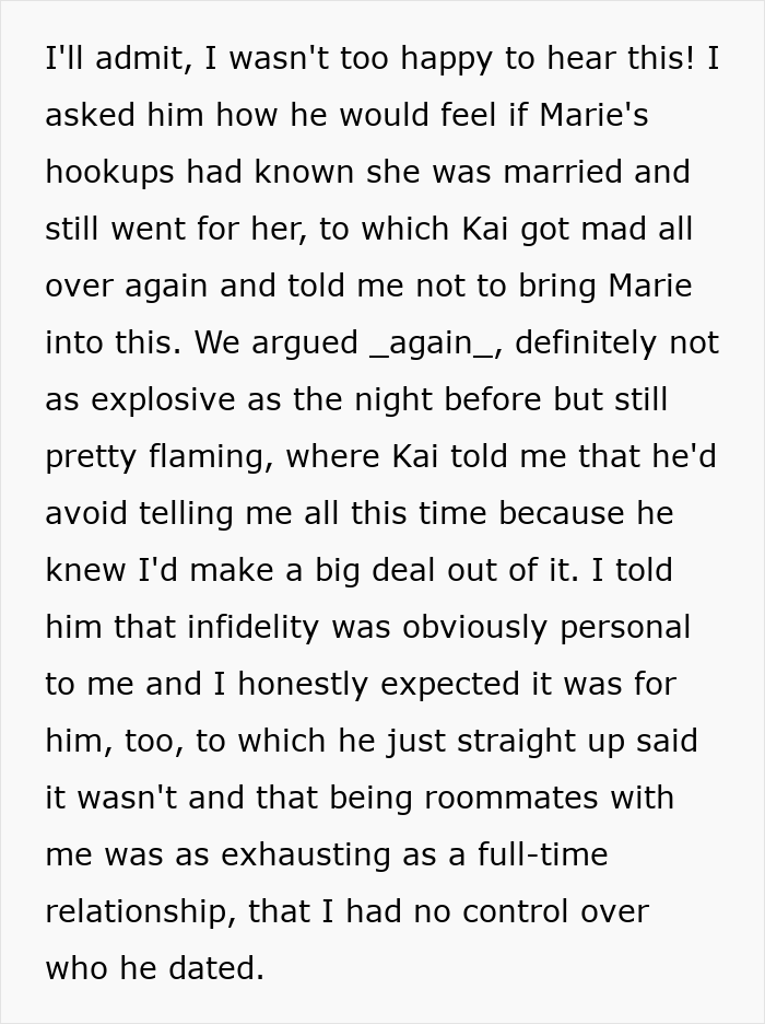 Text excerpt showing a woman's argument revealing her husband's cheating and horrible behavior in their relationship.