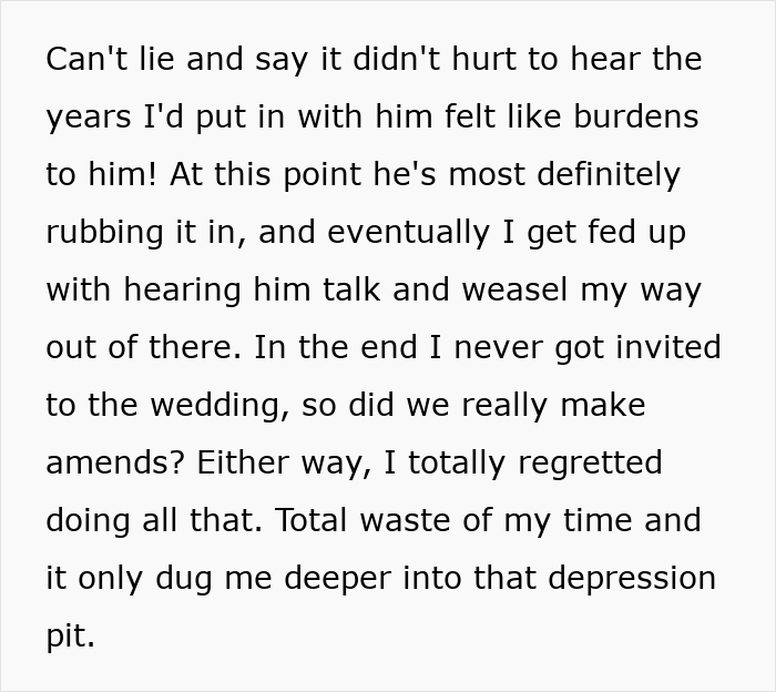 Text block showing a woman’s innocent goofy joke revealing her husband is a horrible, cheating jerk, expressing hurt and regret.