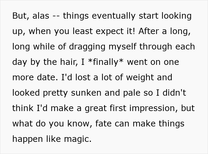 Text excerpt showing a woman's innocent goofy joke revealing her husband as a horrible cheating jerk in a story.