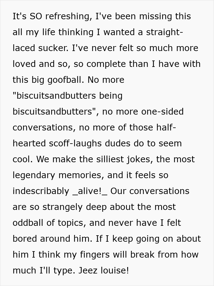 Text excerpt showing a woman’s innocent goofy joke revealing her husband as a horrible, cheating jerk.