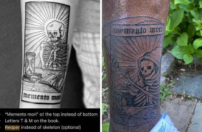Black and gray reaper tattoo with memento mori banner, inspired by original skeleton design, on forearm outdoors.