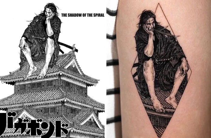 Detailed black ink tattoo of a crouching samurai on a traditional Japanese building, a unique tattoo design idea.