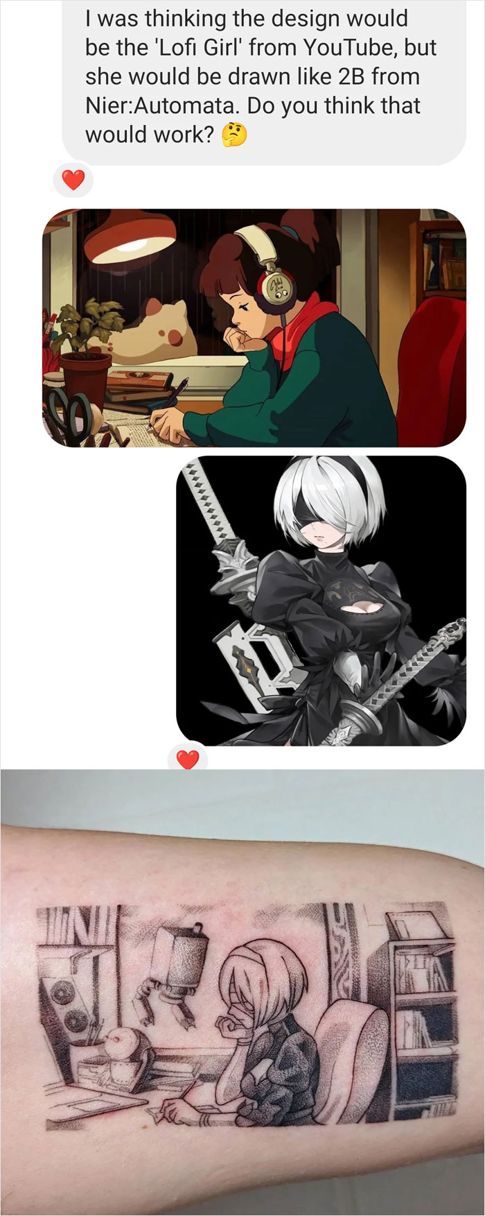 Tattoo design inspired by Lofi Girl and 2B from Nier Automata, showing an impressive outcome beyond original request.