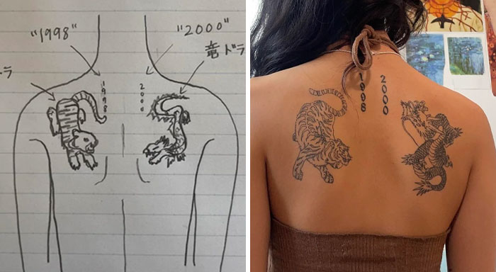 Side-by-side comparison of a tattoo design sketch and the final dragon and tiger tattoos on a woman’s upper back.