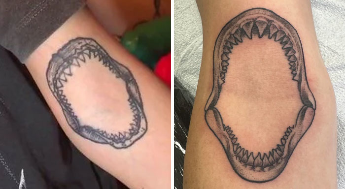 Before and after images of a shark jaw tattoo showing improved detail and shading in the final design.