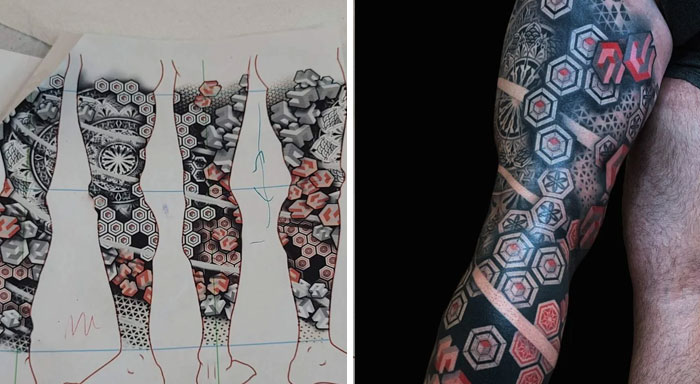 Geometric tattoo designs with hexagonal patterns and shading covering a full arm, showcasing intricate ink artistry.