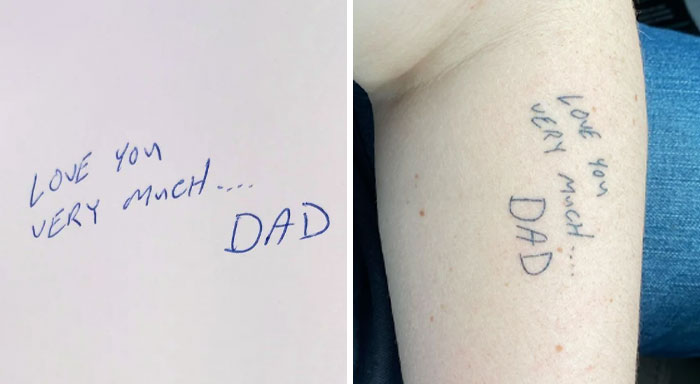 Tattoo design replicating a handwritten message from dad that says love you very much on a person's arm.