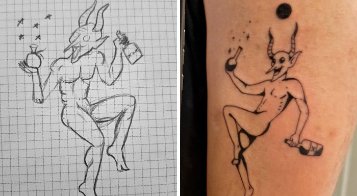 Side-by-side comparison of a sketch and improved tattoo design featuring a horned creature holding a bottle and round object on skin.