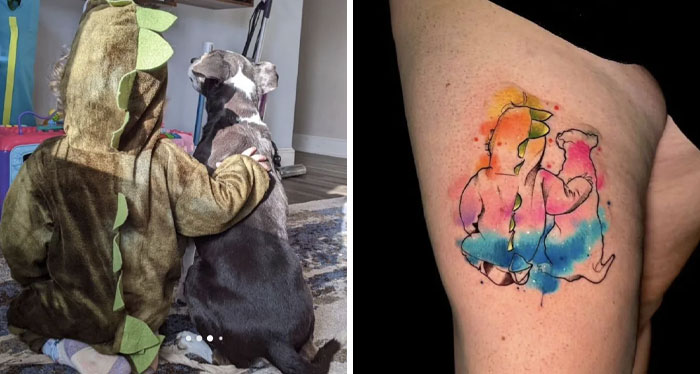 Child in dinosaur costume sitting with dog next to a colorful, abstract tattoo design on skin with vibrant hues.