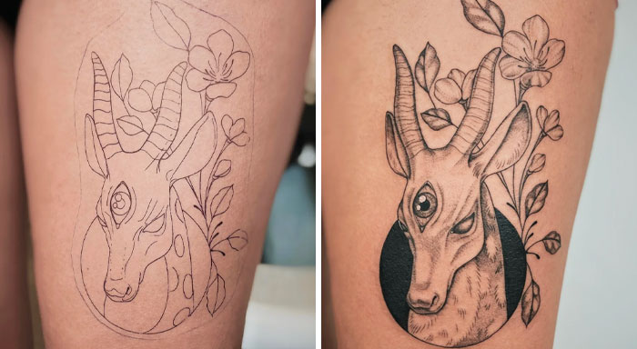 Before and after images of a detailed tattoo design featuring a stylized antelope head with floral elements on skin.