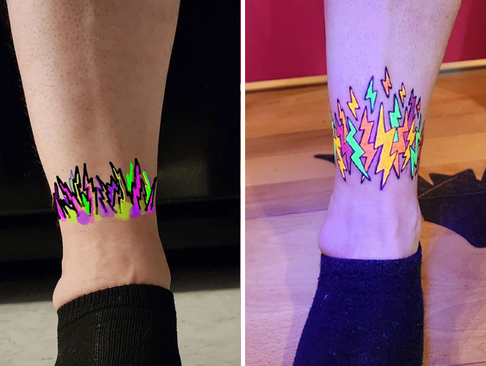 Ankle tattoos featuring vibrant colorful lightning bolt designs as creative tattoo design ideas.