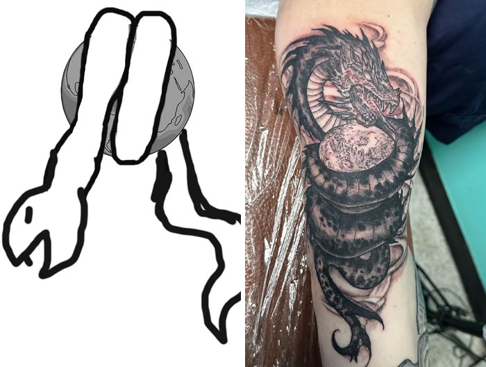 Side-by-side image comparing a simple sketch and a detailed black dragon tattoo showcasing tattoo designs.