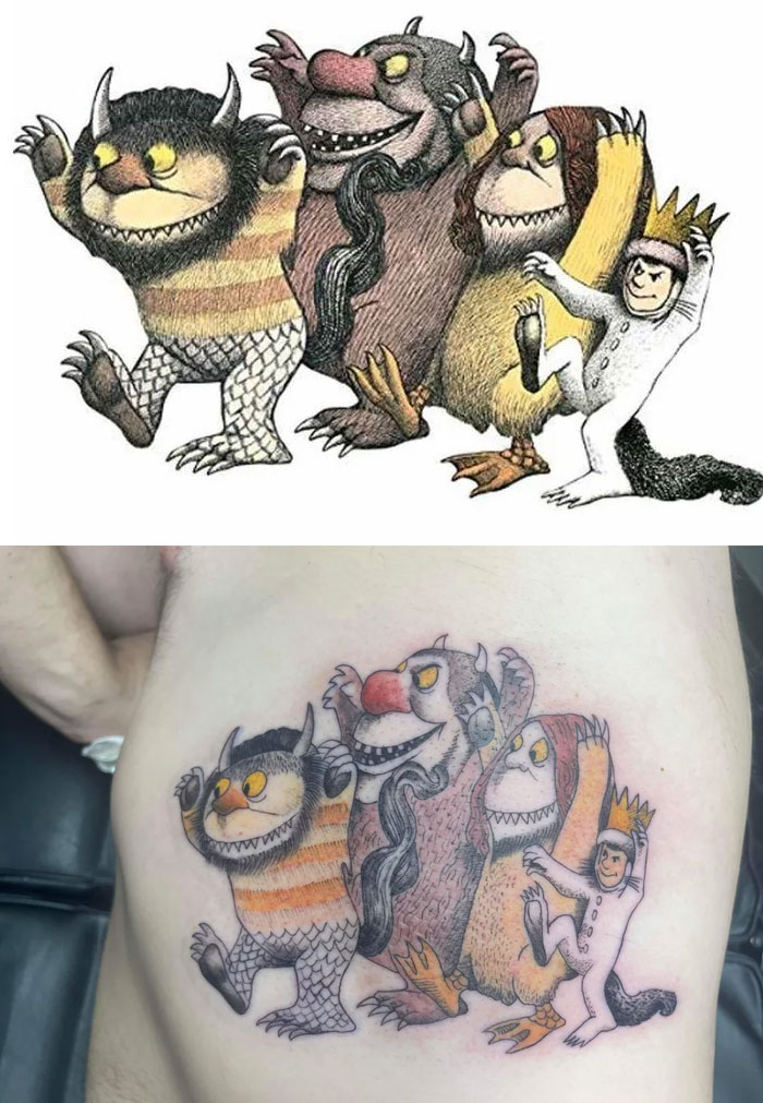 Tattoo design of four colorful monsters with distinct features inspired by classic children’s book characters on skin.