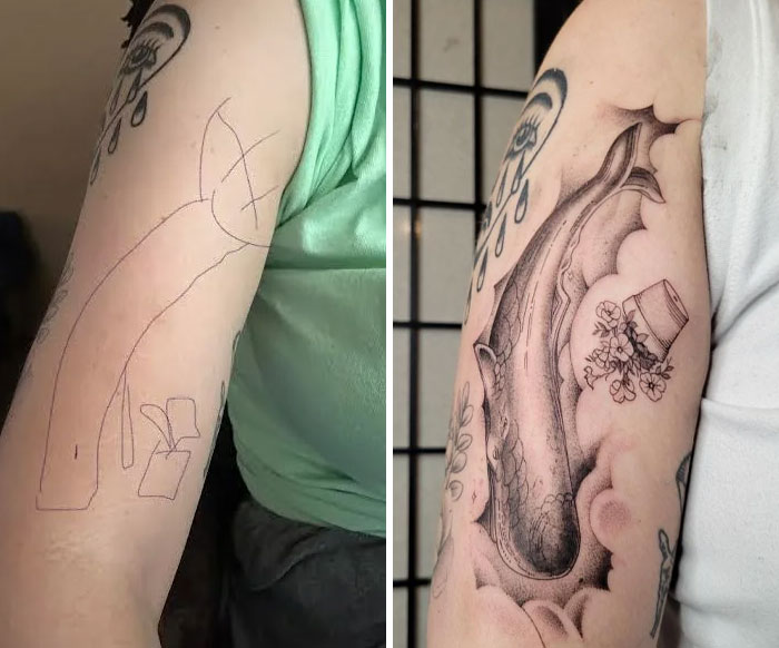 Arm tattoo design transformation showing a simplified sketch changing into a detailed, artistic tattoo design.