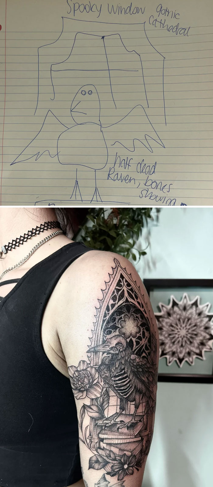 Sketch of a spooky raven tattoo design and the final detailed raven tattoo with gothic architectural elements.