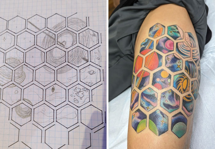 Hexagonal space-themed tattoo design showing a vibrant transformation from initial sketch to final ink on skin.