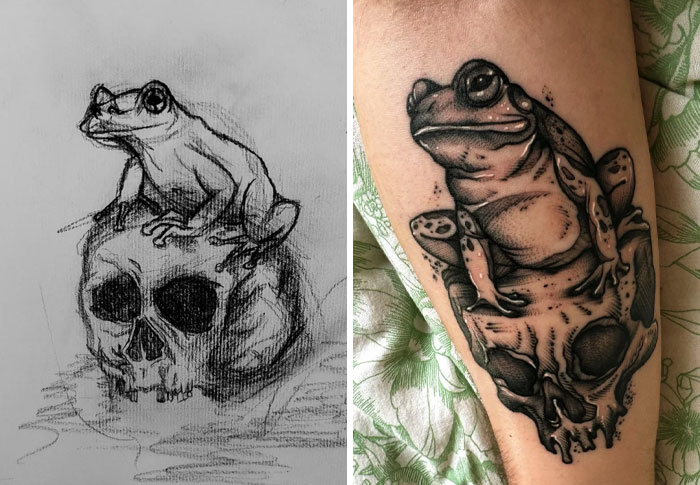 Side-by-side comparison of frog and skull drawing and detailed tattoo showing improved tattoo design results.