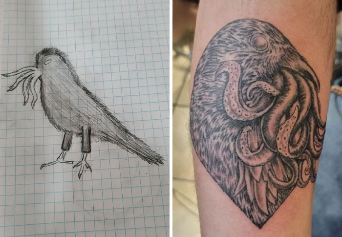 Tattoo design transformation from a simple bird sketch to a detailed bird with octopus tentacles tattoo on skin.